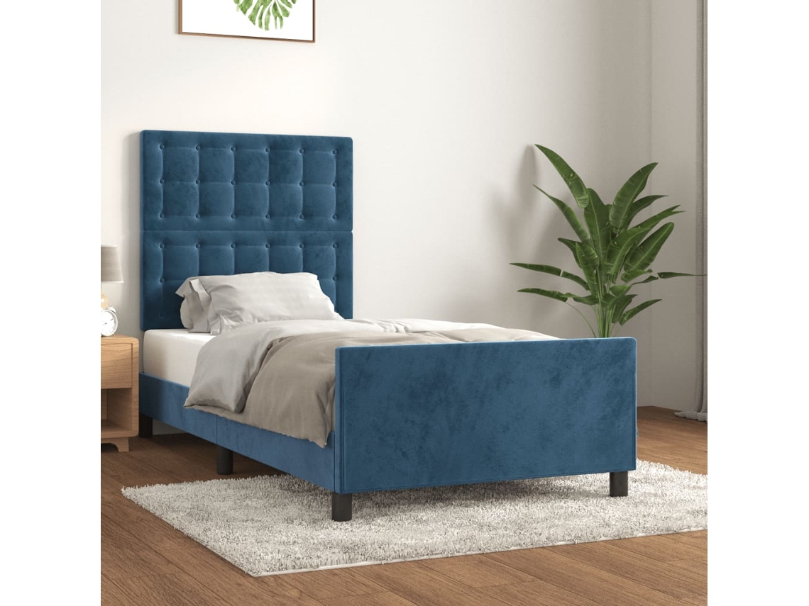 Cama de terciopelo azul oscuro con plataforma y cabecero (90x200 cm)