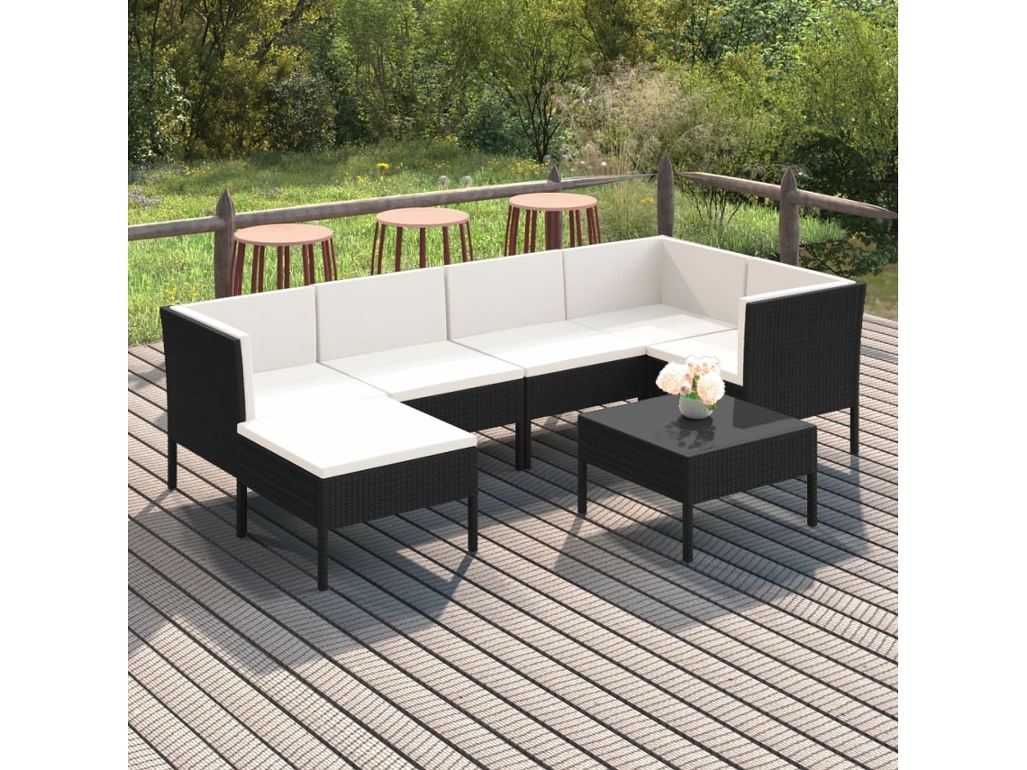 Conjunto de jardín de 7 piezas con cojines, mimbre sintético negro, DKD Home Decor