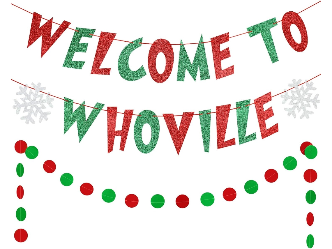 Pancarta de Villa Quién – Decoraciones navideñas del Grinch para chimenea, repisa y fiestas