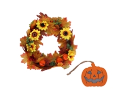 Corona Decorativa De Calabaza Con Luces Para Halloween, Adornada Con Enredaderas De Flores Y Luces.