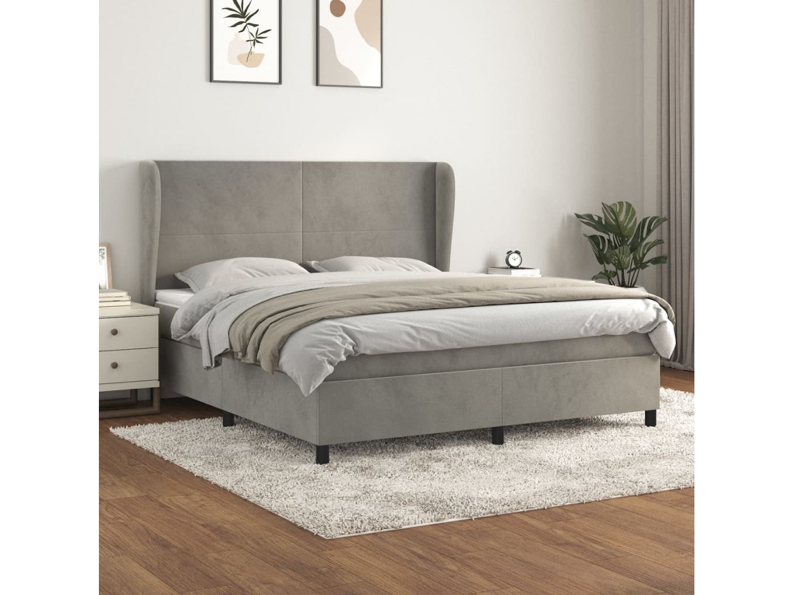 Cama Box Spring Con Colchón Terciopelo Gris Claro 180x200 Cm