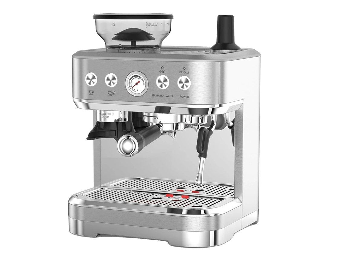 Cafetera espresso con molinillo y espumador de leche integrados, color plata (OEM).