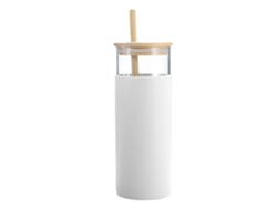 Vaso de vidrio de una sola capa de 500 ml con pajita y tapa de bambú, vaso con soporte de silicona JEIIBRZUI