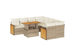 Conjunto de 9 sofás de jardín con cojines de mimbre, acacia beige, MAISON EXCLUSIVE