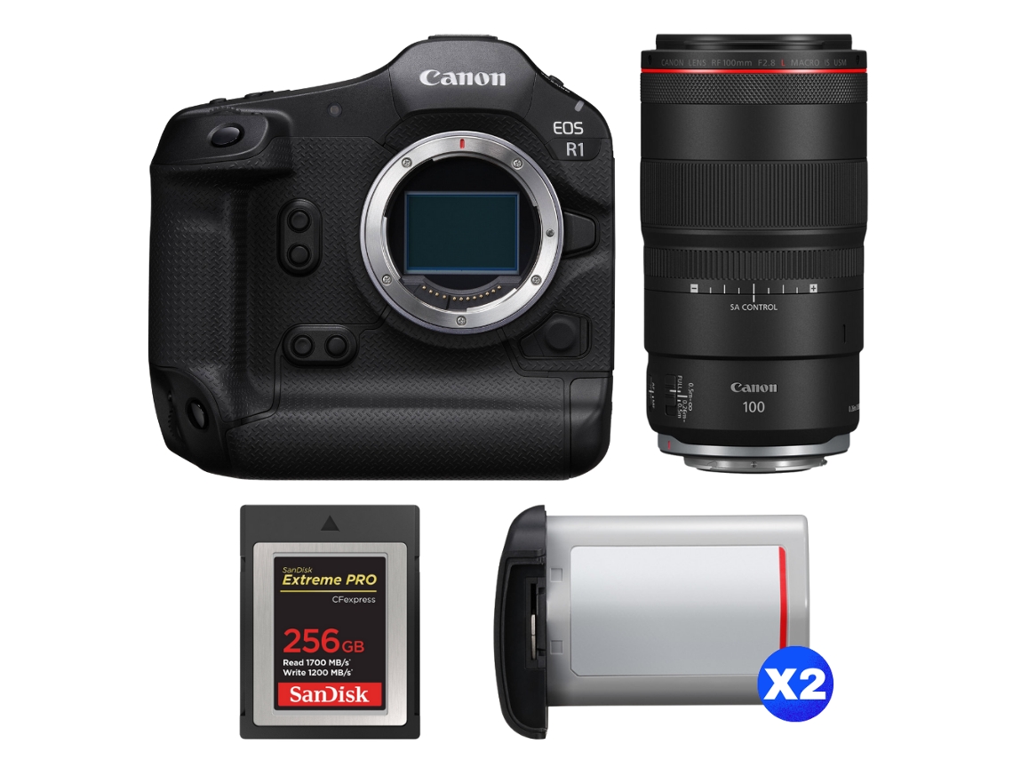 EOS R1 + RF 100mm F/2.8 L Macro IS USM + 1 Sandisk 256GB Extreme Pro Cfexpress Tipo B + 2 Canon LP E19 + Libro electrónico Pricedirect CANON