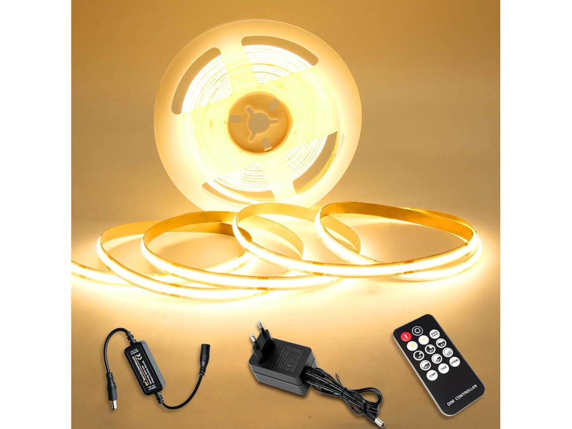 Fita Led Cob, Branco Quente, 5m, Regulável, 24v, 3000k, À Prova de Água Ip44, Autocolante PRIME KANG