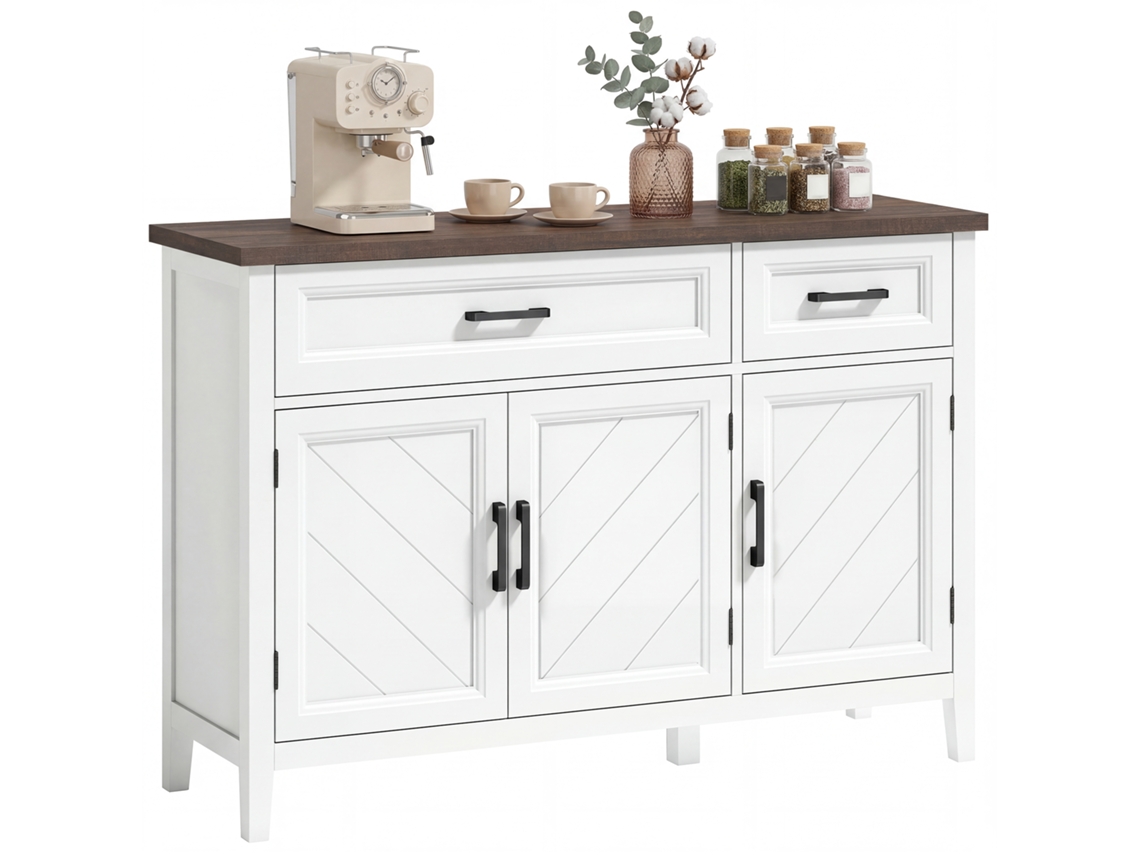 Aparador De Salón, Mueble De Almacenamiento Con 3 Puertas En Zigzag, 2 Cajones Y 2 Estantes Ajustables, 110 X 35 X 80,5 Cm, Blanco.