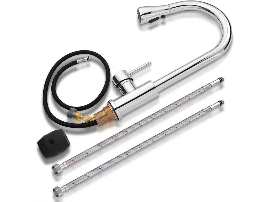 Grifo de cocina extensible (plateado), tres modos, rotación de 360°, acero inoxidable