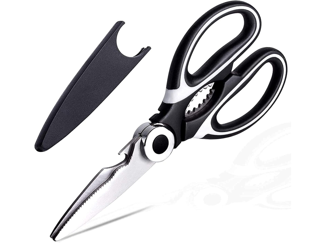 Tijeras de cocina multiusos con hojas resistentes de acero inoxidable, diseño ergonómico para un manejo cómodo, corte antideslizante con microfilo.