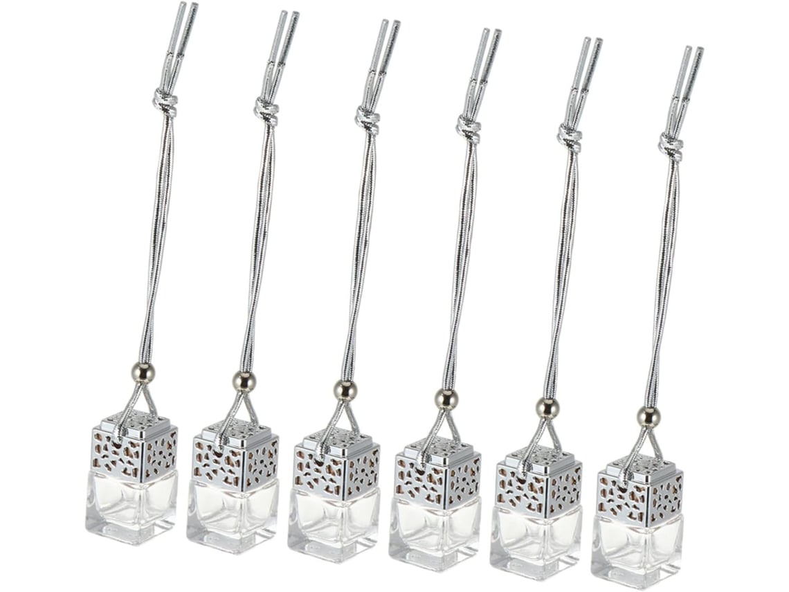 Conjunto De 6 Frascos Difusores De Vidro Para Pendurar Com Tampas De Madeira Prateadas.