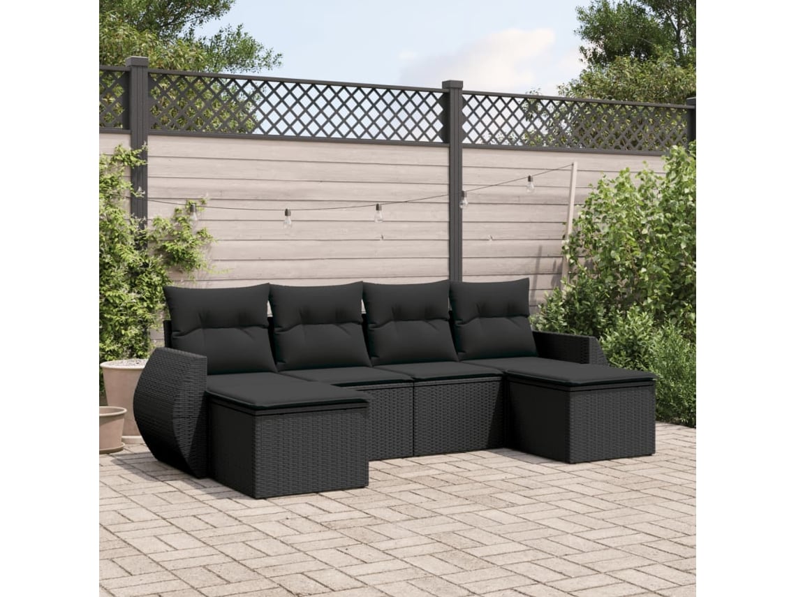 Conjunto de sofá de jardín de 6 piezas con cojines, mimbre sintético negro, DKD Home Decor