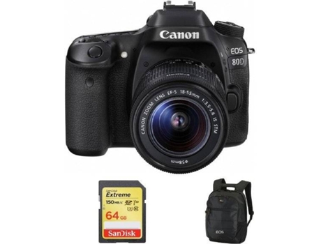Cámara Reflex CANON EOS 80D + Objetivo EF-S 18-55MM F3.5-5.6 IS STM + Mochila Negro + Tarjeta SD 64GB (APS-C)