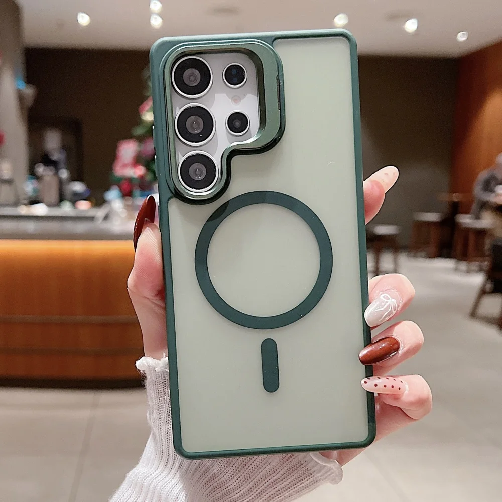 (verde, Galaxy S23 Ultra) Funda Para Teléfono Con Acabado Mate Y Soporte Magnético De Metal Para La Lente, Fabricada En Materiales Acrílicos Y Tpu.