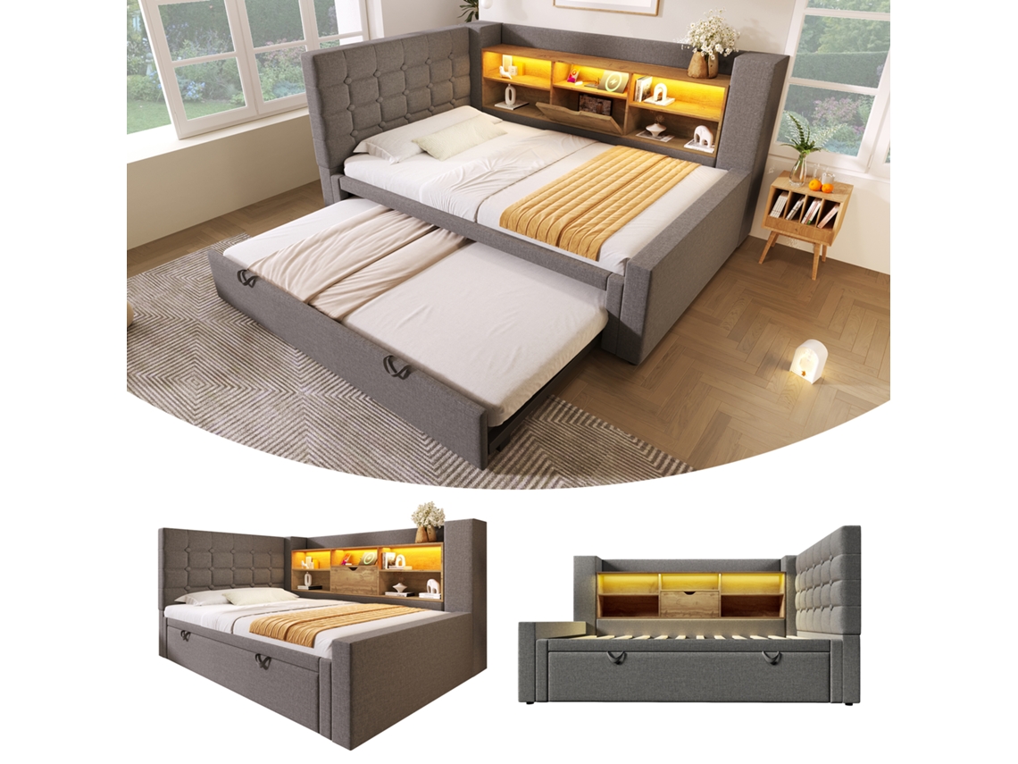 Cama Nido De 90x200 Cm, Extensible Hasta 90x190 Cm, Con Iluminación Led Y Espacio De Almacenamiento, Cabecero Con Almacenamiento, Color Gris Lino.