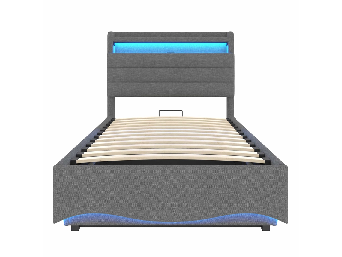 Cama Tapizada 90x200 Cm - Con Iluminación Led, Mecanismo Hidráulico, Puertos Usb Y Tipo-c, Compartimento Y Estantes, Tela De Lino - Gris