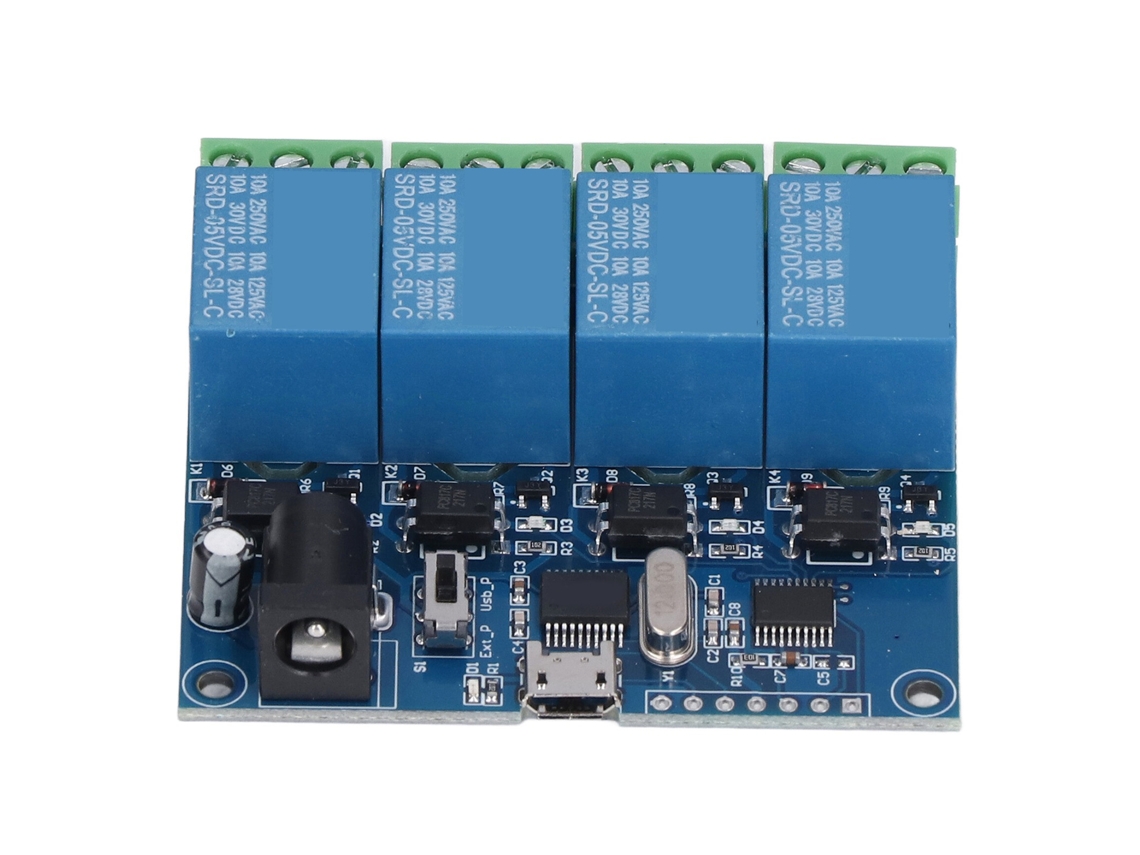 Módulo de relé de 4 canales con indicador LED, control USB, larga vida útil y protección de transición.