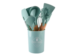 Juego De Utensilios De Cocina De Silicona Con Mango De Madera - Juego De 12 Piezas Verde Oscuro JEIIBRZUI
