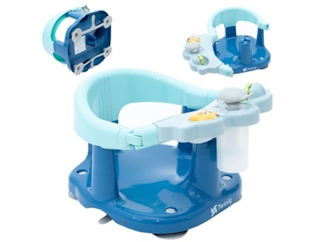 TWINLY Asiento de baño para bebé Silla para bañera con respaldo Barra de seguridad con apertura y 4 ventosas grandes de seguridad Incluye 3 juguete...