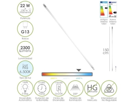 Tubo led t8 150 cm. 22 watt. equivale a 150 watt. 2300 lumenes. luz fria 6500 k.
