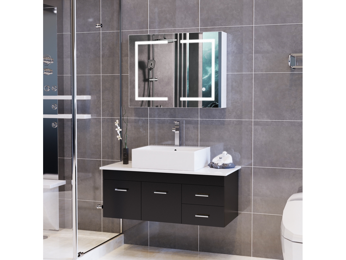 Armario De Pared Para Baño Con 2 Puertas Espejo,80x13,5x60 Cm,espejo Led De Alta Definición,iluminación Regulable,enchufe,blanco