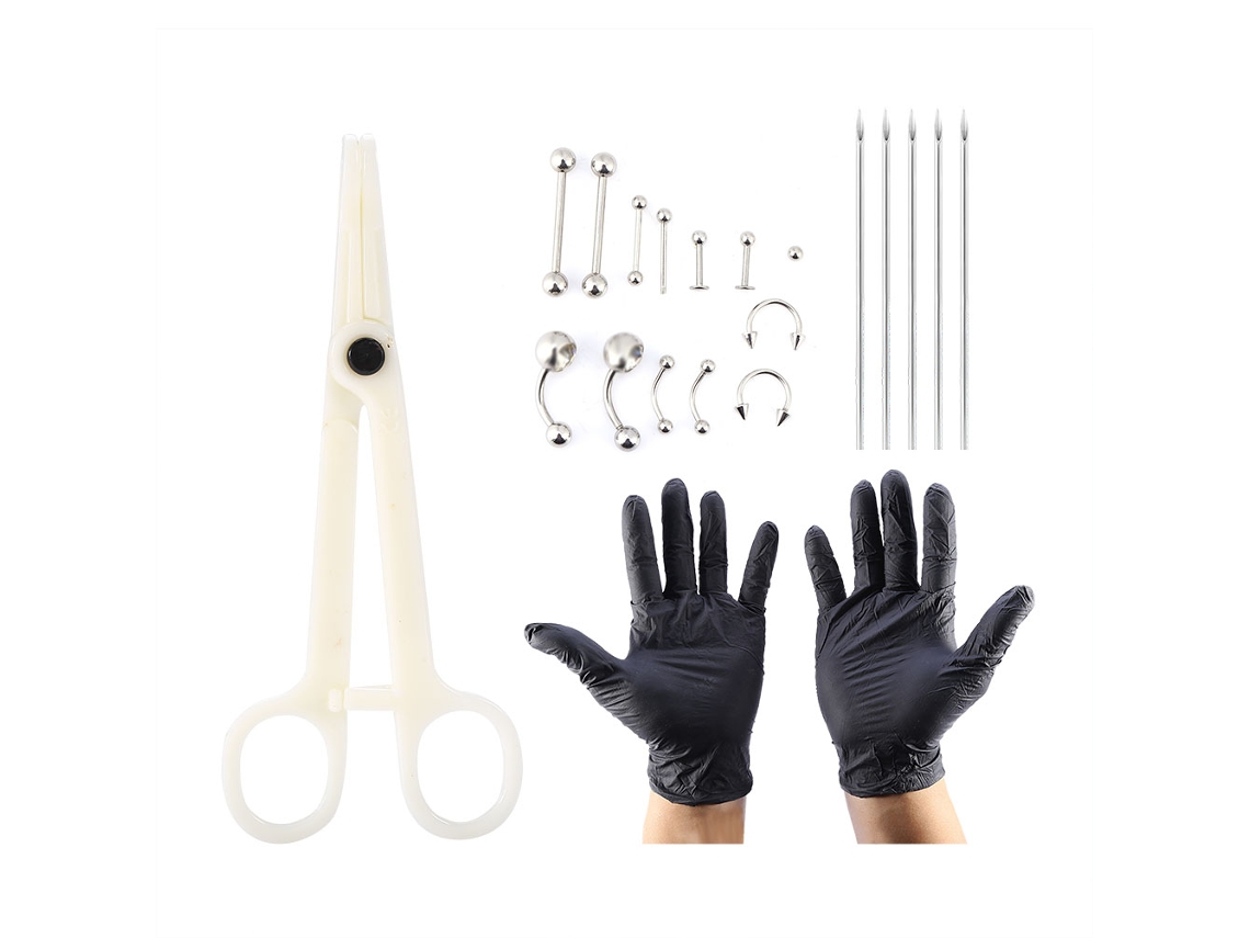 Kit De Perforación Corporal Con Joyas, Agujas, Pinzas Y Guantes - 20 Piezas