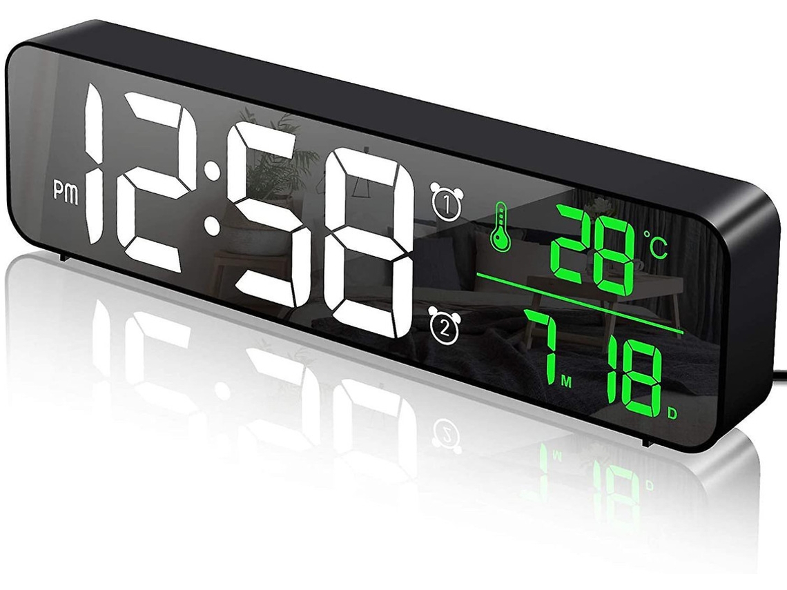 Despertador digital, despertador matutino, reloj de pared LED, espejo digital de pantalla grande, con fecha y temperatura, reloj USB, negro Yizhood