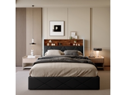 Cama De Matrimonial Queen Size 160x200 Cm Con Almacenaje Hidráulico, Cabecero Led, Usb Y Diseño Geométrico En Cuero Pu Negro Y Madera De Roble Claro