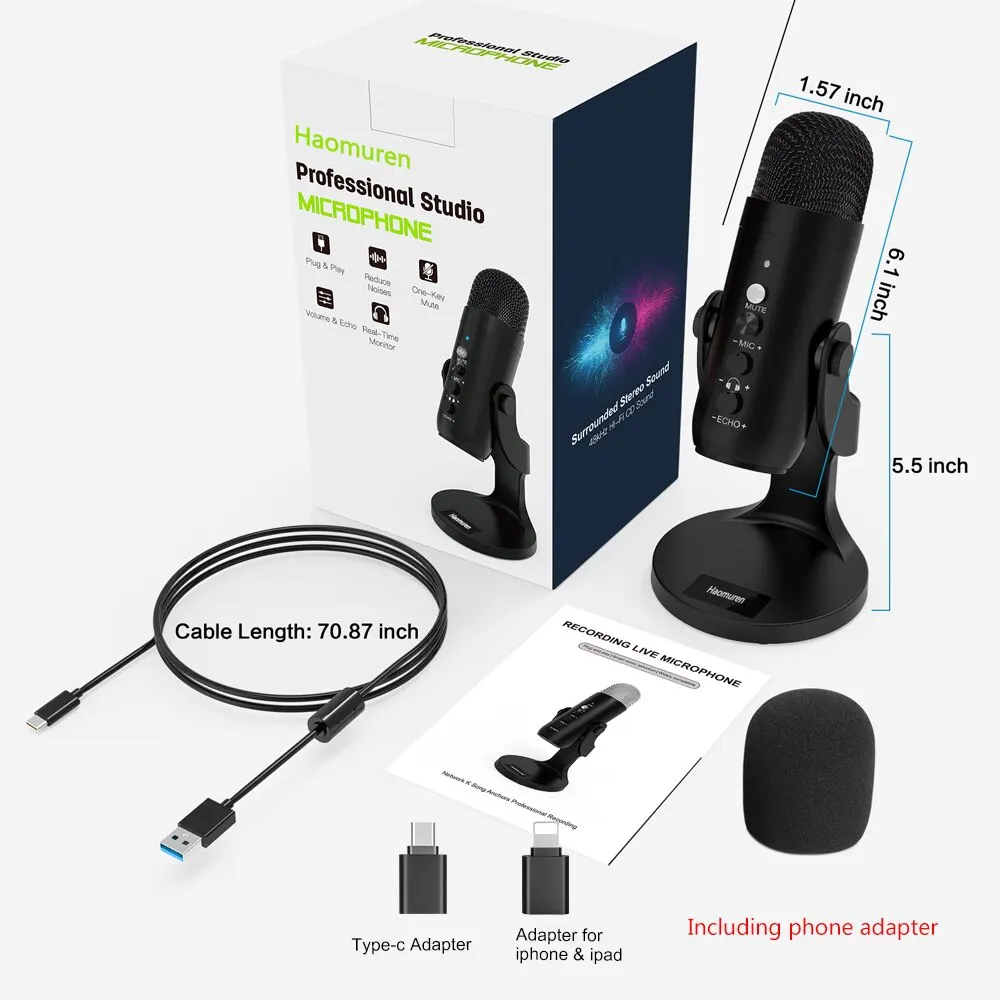 Micrófono USB MDUG para juegos, grabación, streaming, podcasts, adaptador para teléfono, auriculares.