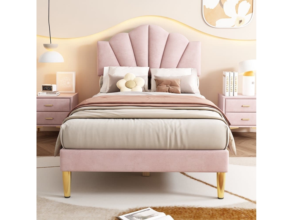 Cama Infantil De Terciopelo - 90x200cm - Cabecero En Forma De Concha - Rosa