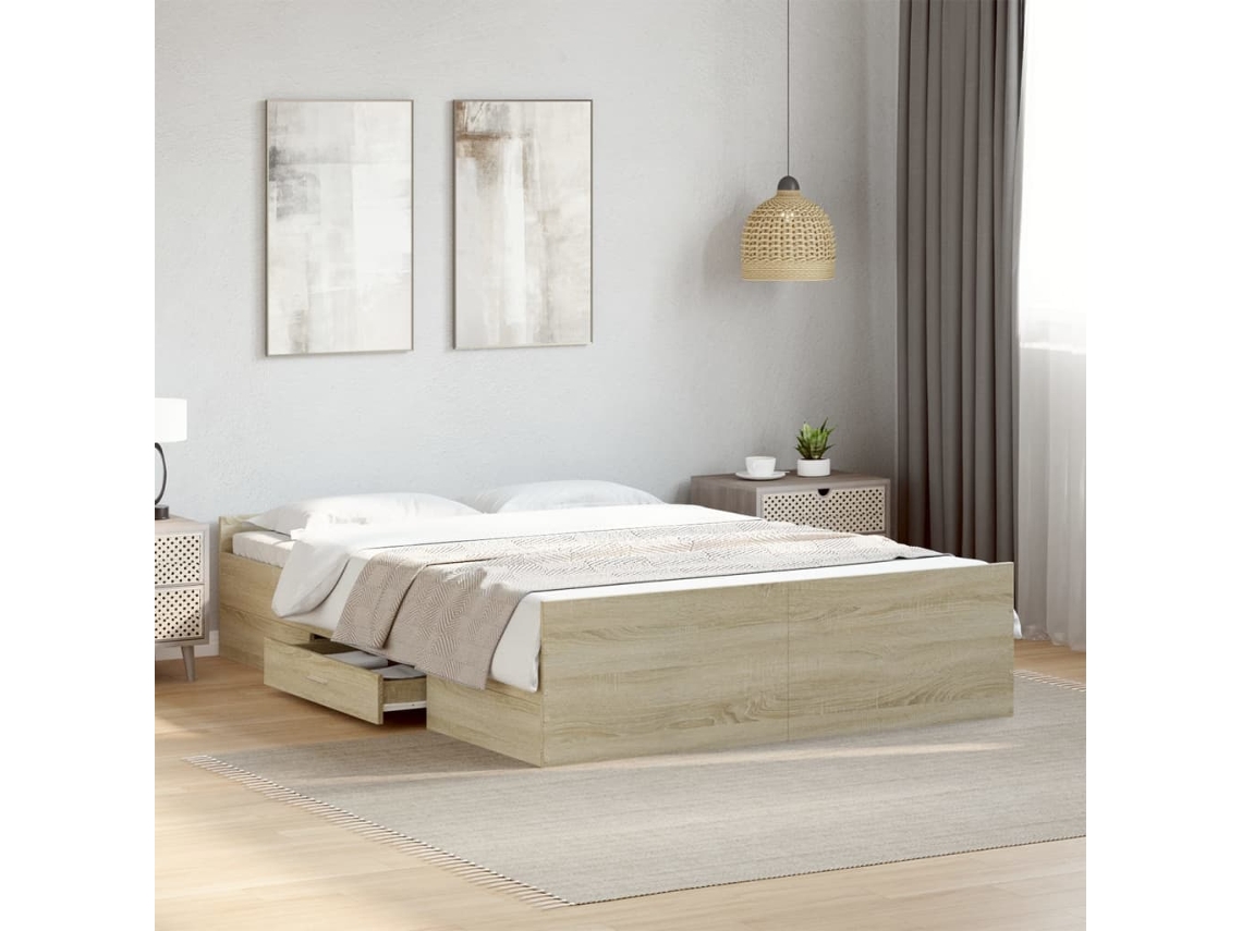 Cama Con Cajones Madera Ingeniería Roble Sonoma 135x190 Cm