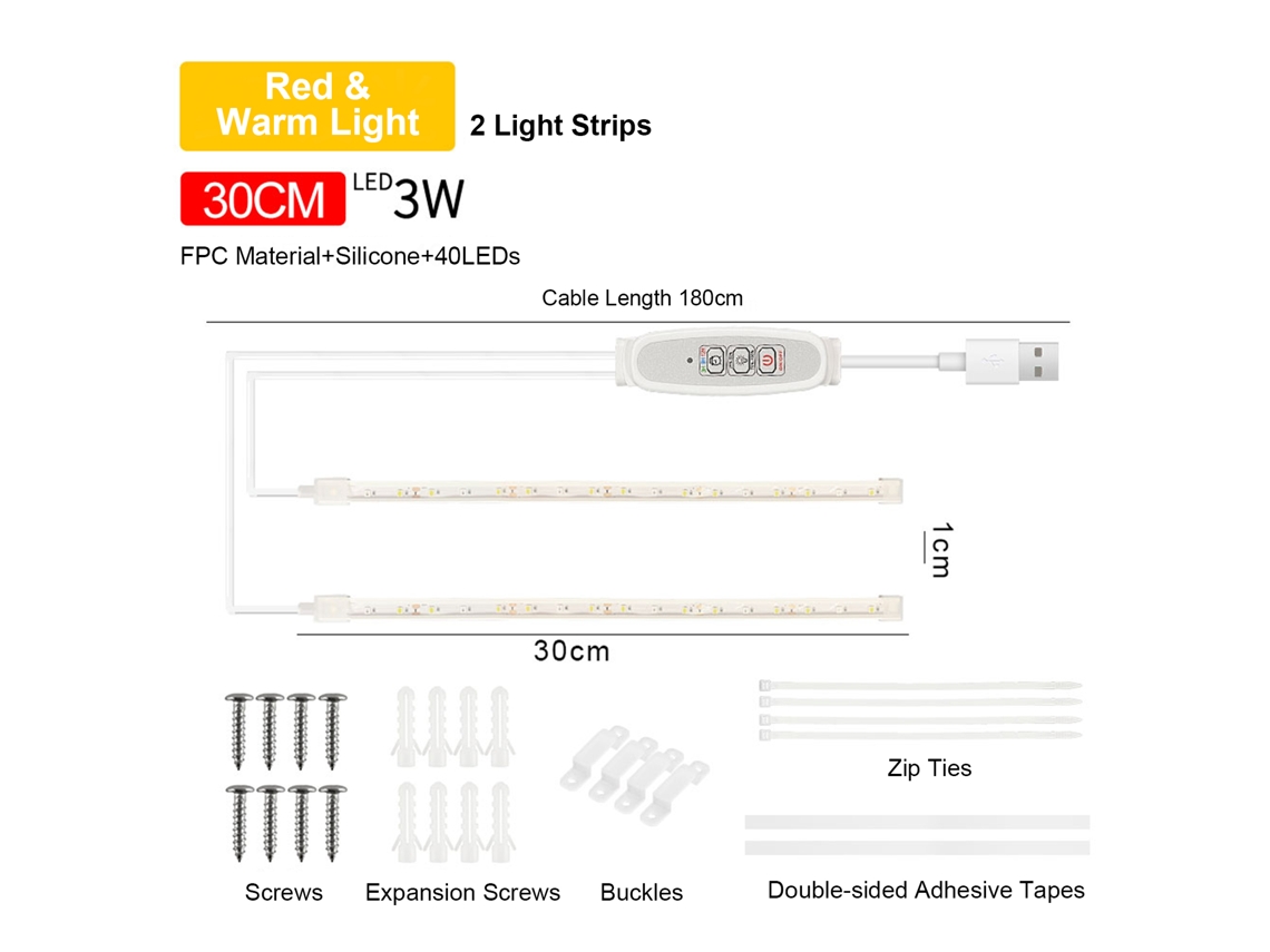 Tira de luces LED para plantas de interior con luz roja y 3000k, 4 niveles de brillo y temporizador inteligente de 24 horas, conexión USB Plug and Play.