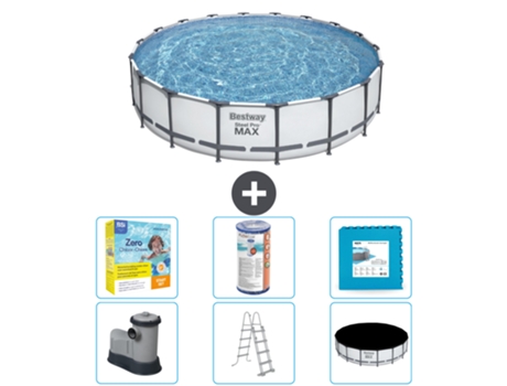 Piscina BESTWAY Round Steel Pro MAX - 549 x 122 cm - Gris - Bomba incluida - Escalera - Cobertor Paquete de mantenimiento - Filtrar - Baldosas