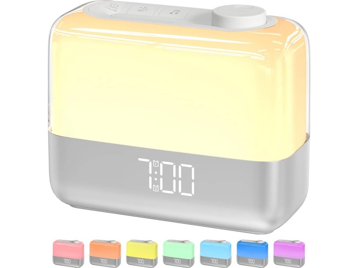 Despertador digital Sunrise para dormitorio: luz de despertador, luz ambiental nocturna RGB, repetición de 9 minutos (blanco)