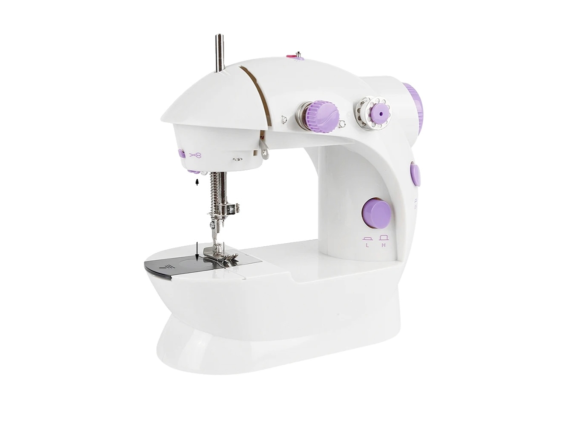 Mini máquina de coser, diseño portátil, luz integrada, color blanco.