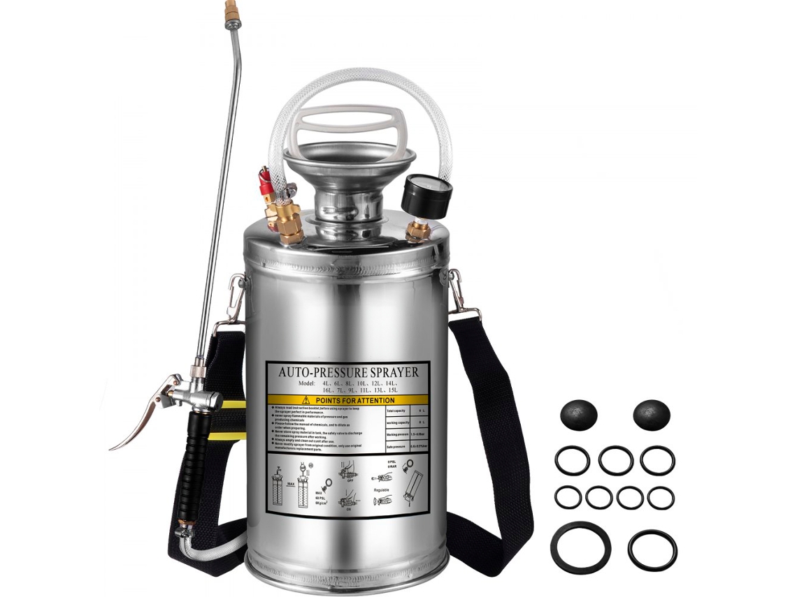 Pulverizador manual de acero inoxidable de 6L con boquilla ajustable, manómetro y cinturón Tekmaquinas