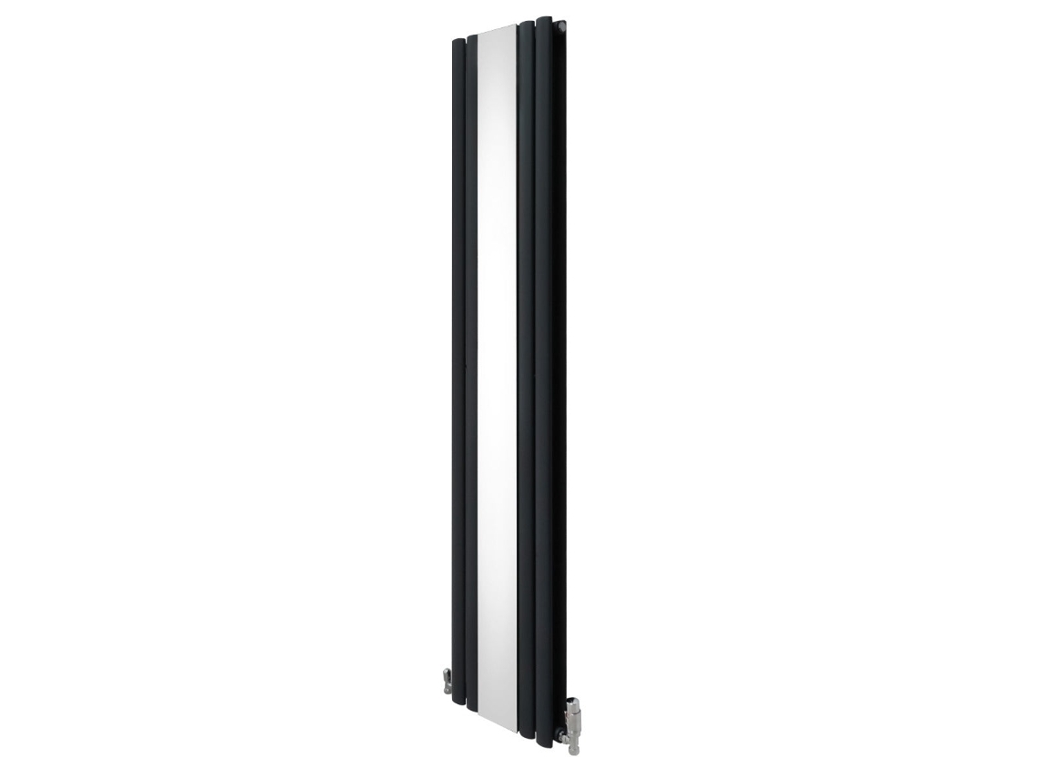 Radiador vertical de panel ovalado con espejo de 1800 x 380 mm en gris antracita con válvulas termostáticas cromadas, acero Monstershop
