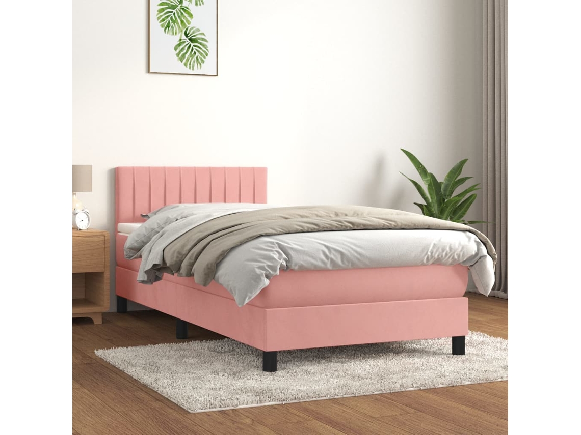 Cama Box Spring Con Colchón Terciopelo Rosa 100x200 Cm