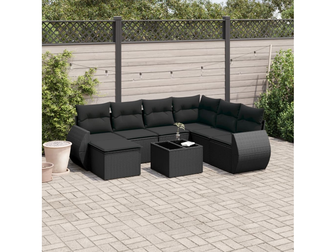 Conjunto de sofá de jardín de 8 piezas con cojines en mimbre sintético negro de DKD Home Decor