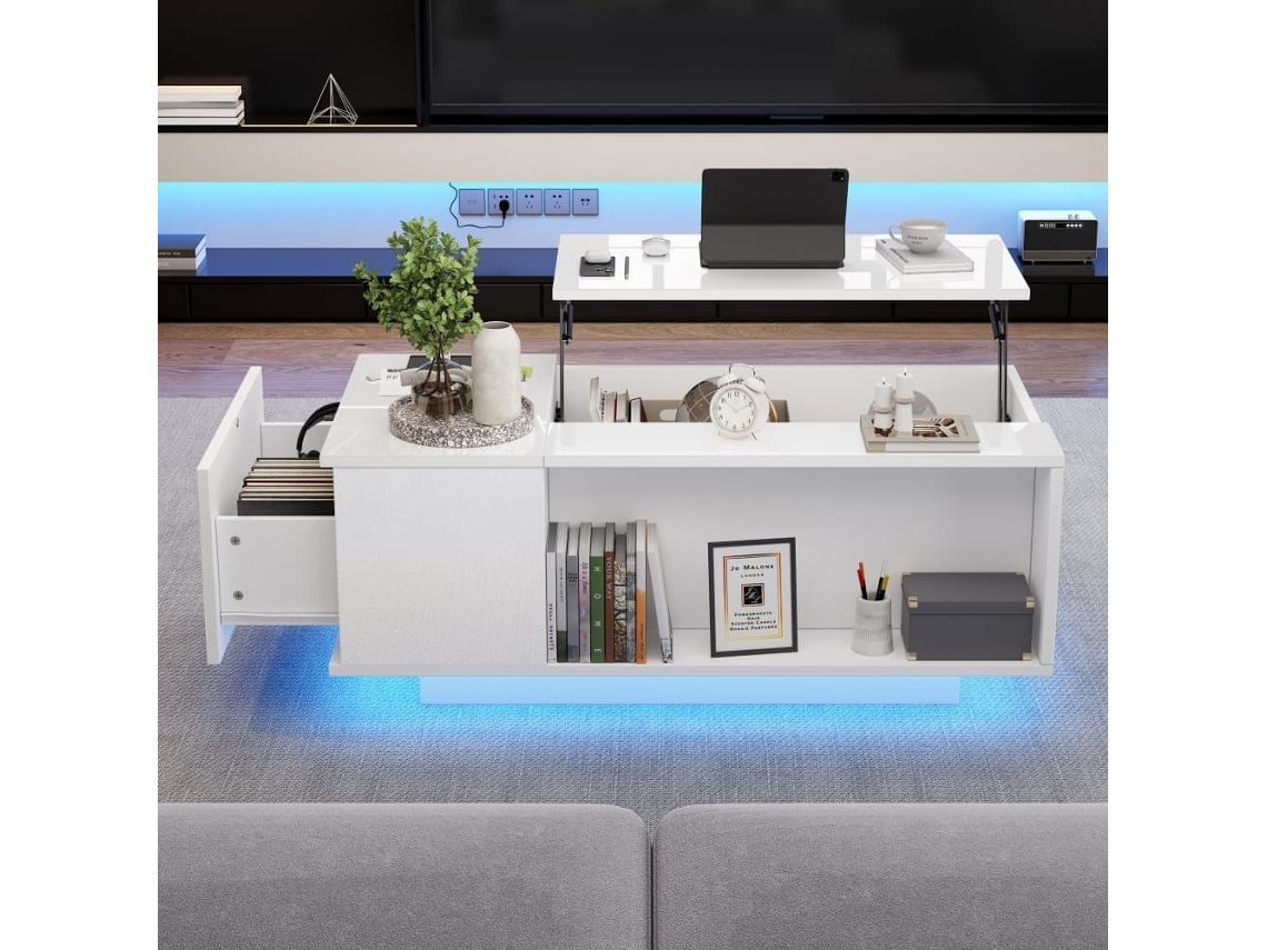Mesa De Centro 100x50x40 Cm - Mesa De Café Ajustable Con Almacenamiento Oculto, Mesa Auxiliar Con Luz Led, Mesa De Salón Con Cajón - Blanca