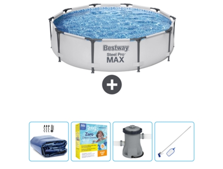 Piscina BESTWAY Round Steel Pro MAX - 305 x 76 cm - Gris - Incluida Vela solar - Paquete de mantenimiento - Bomba - kit de limpieza