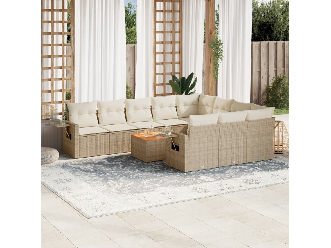 Conjunto de sofá de jardín de 11 piezas con cojines, mimbre sintético beige, DKD Home Decor