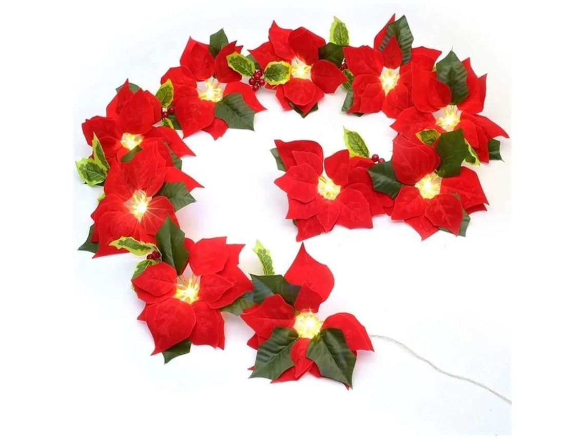 Guirlanda de Poinsettias de Natal com 10 Leds, 2m, Decoração Artificial para Festivais