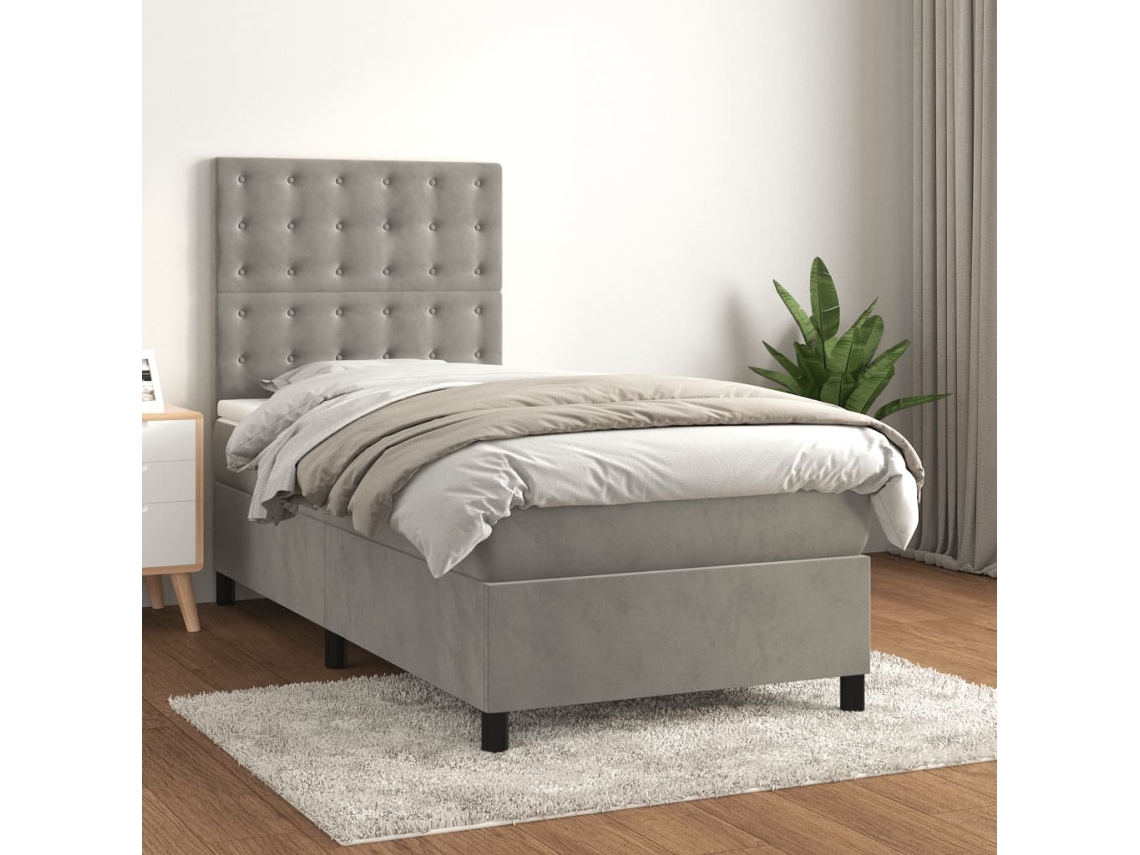 Cama Box Spring Con Colchón Terciopelo Gris Claro 80x200 Cm