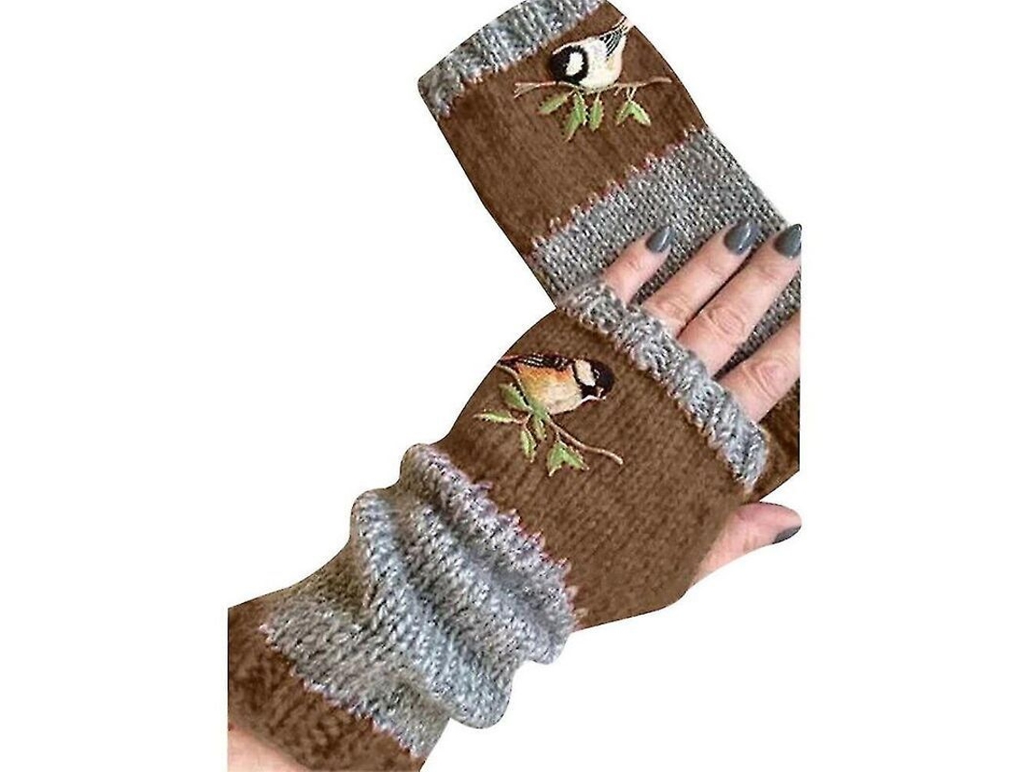 2026-guantes Sin Dedos De Punto Calientes Con Bordado De Aves Para Mujer