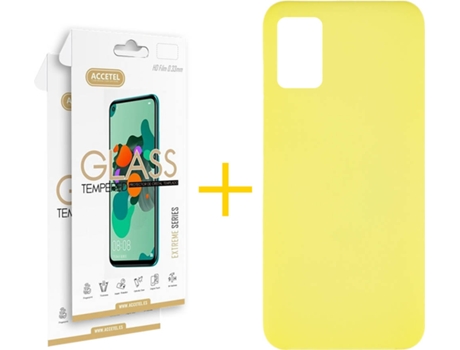 Funda y Protector de Vidrio 2 x Samsung Galaxy A31 ACCETEL Silicona Líquida Amarillo