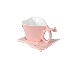 Taza de café Rebe con forma de corazón, diseño creativo y reutilizable, con plato y cuchara rosas.