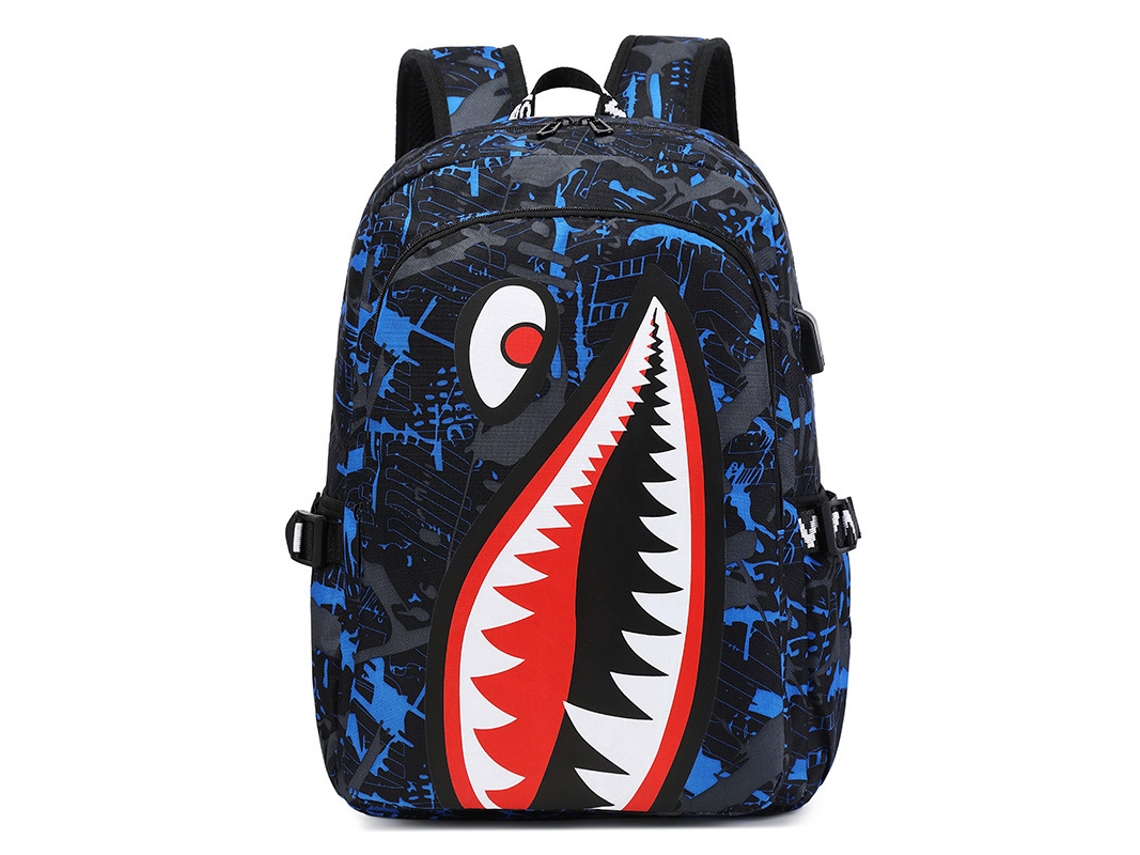 Mochila infantil con estampado de tiburón y puerto USB - Azul Hexinyigjly