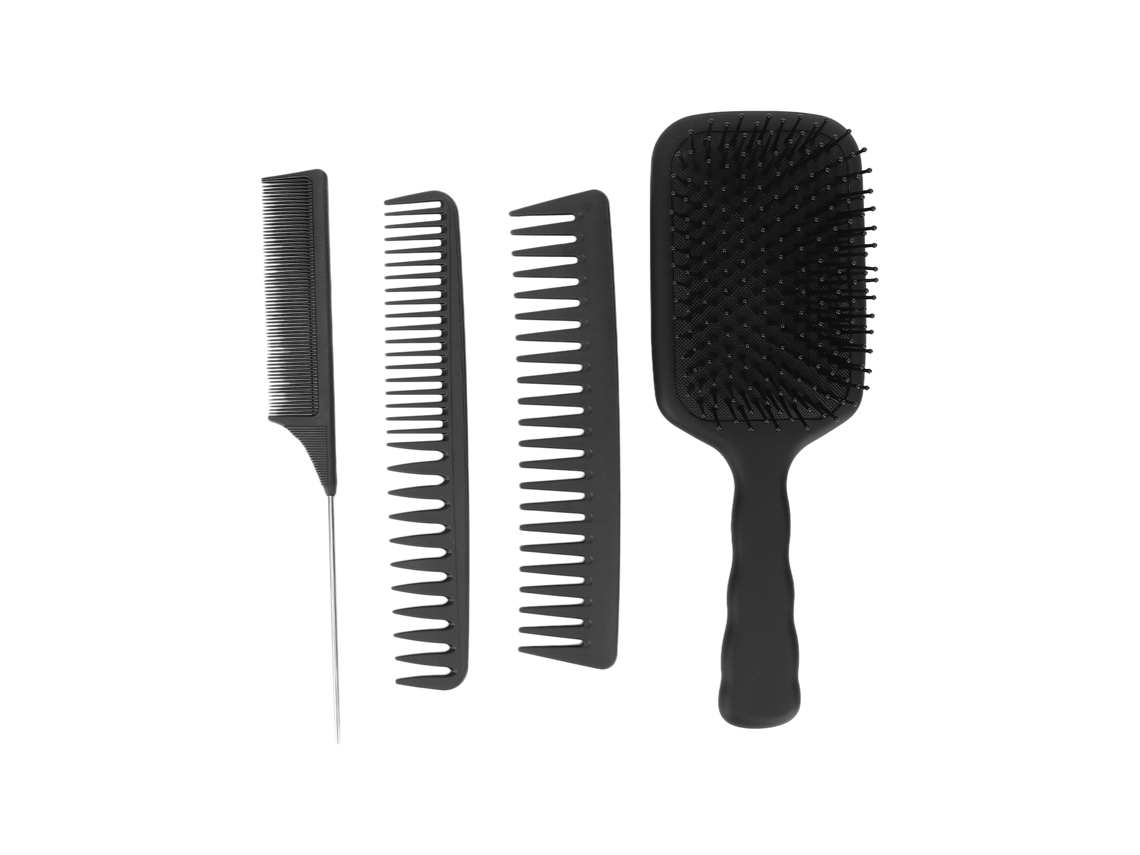Juego de 4 peines multifuncionales: peine de cola, cepillo plano, peine de dientes anchos y peine de doble diente. Ideales para peinar y cuidar el cabello.