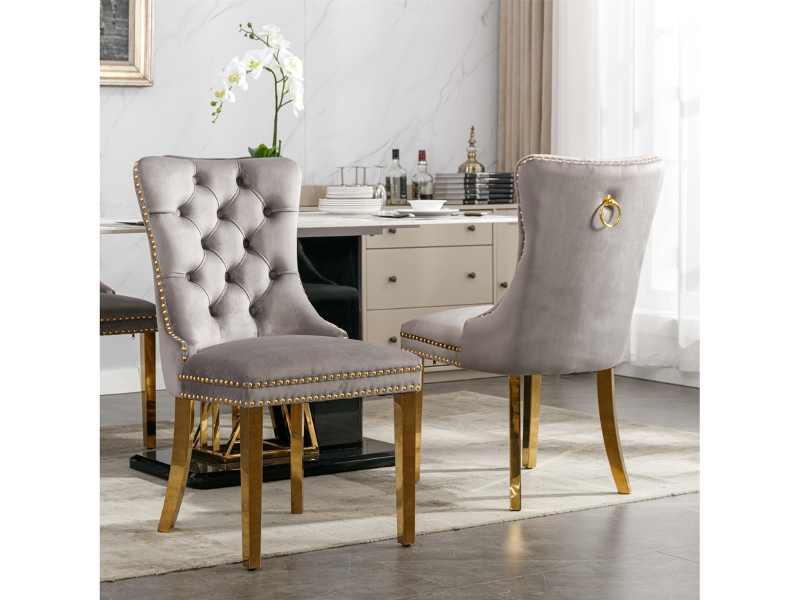 Juego de dos sillas de comedor modernas y sofisticadas de la colección Nikki de AA Furniture, en madera maciza con tapizado de terciopelo. Tienda BAGOLY.