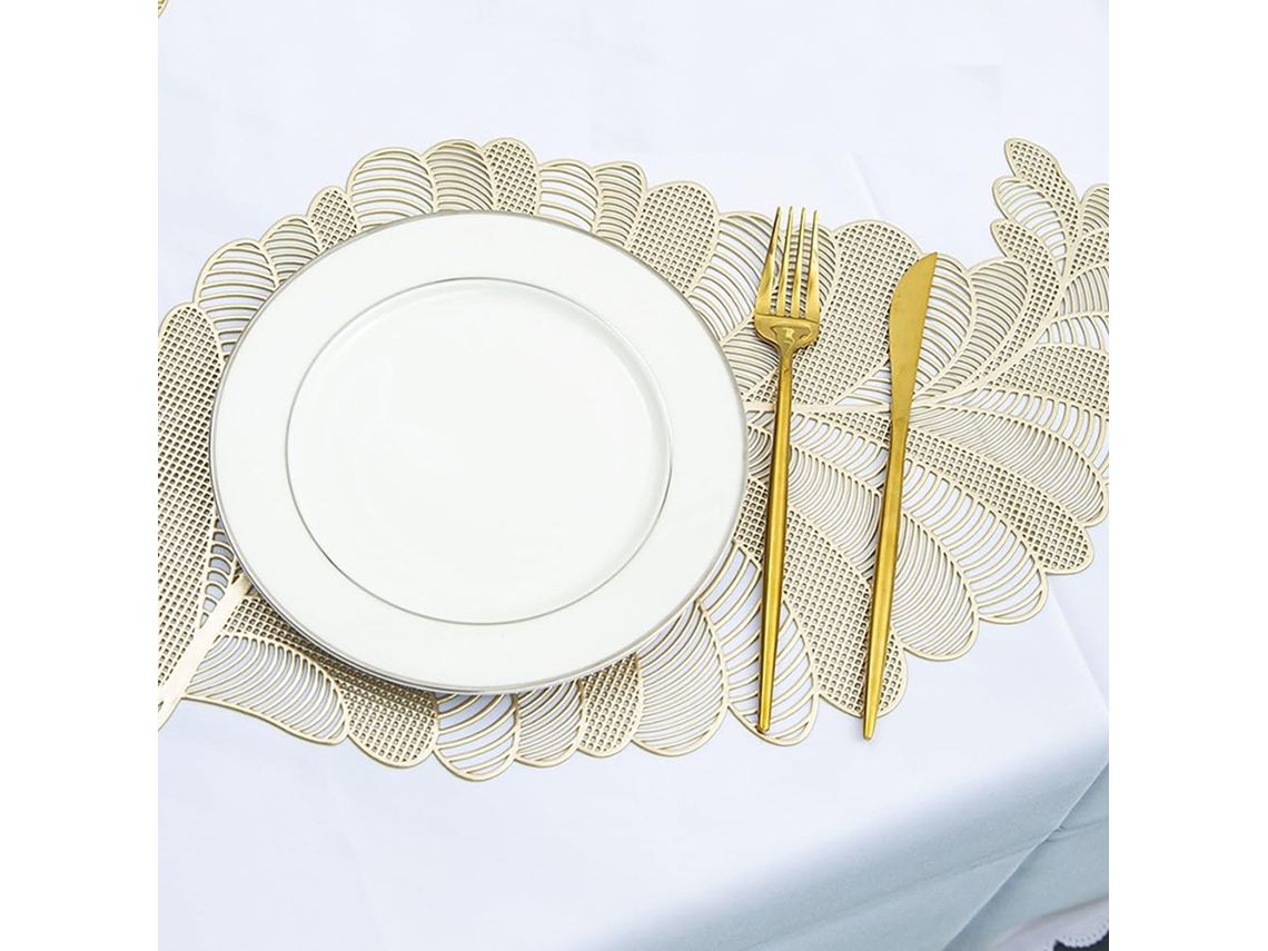 HYMNORA Elegantes manteles individuales dorados de vinilo prensado para bodas y fiestas. Manteles individuales duraderos con diseño de flores huecas que mejor